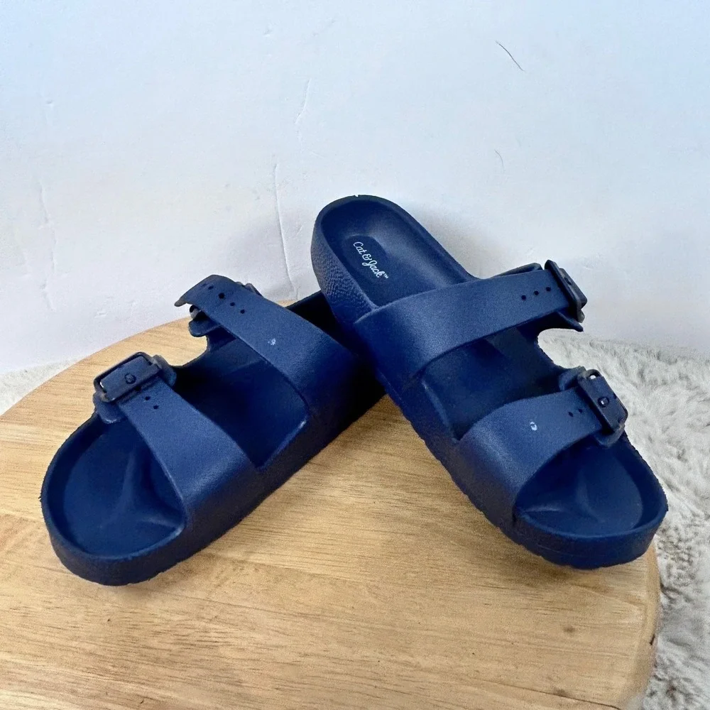 Cat & Jack Kids Navy Blue Sandals‎ Adjustable Buckle Slides Size 6